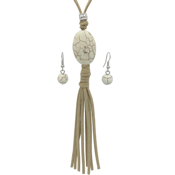 🔴 CLEARANCE Cream Stone Tan Tassel Long Necklace Earrings Set - Picture 1 of 4